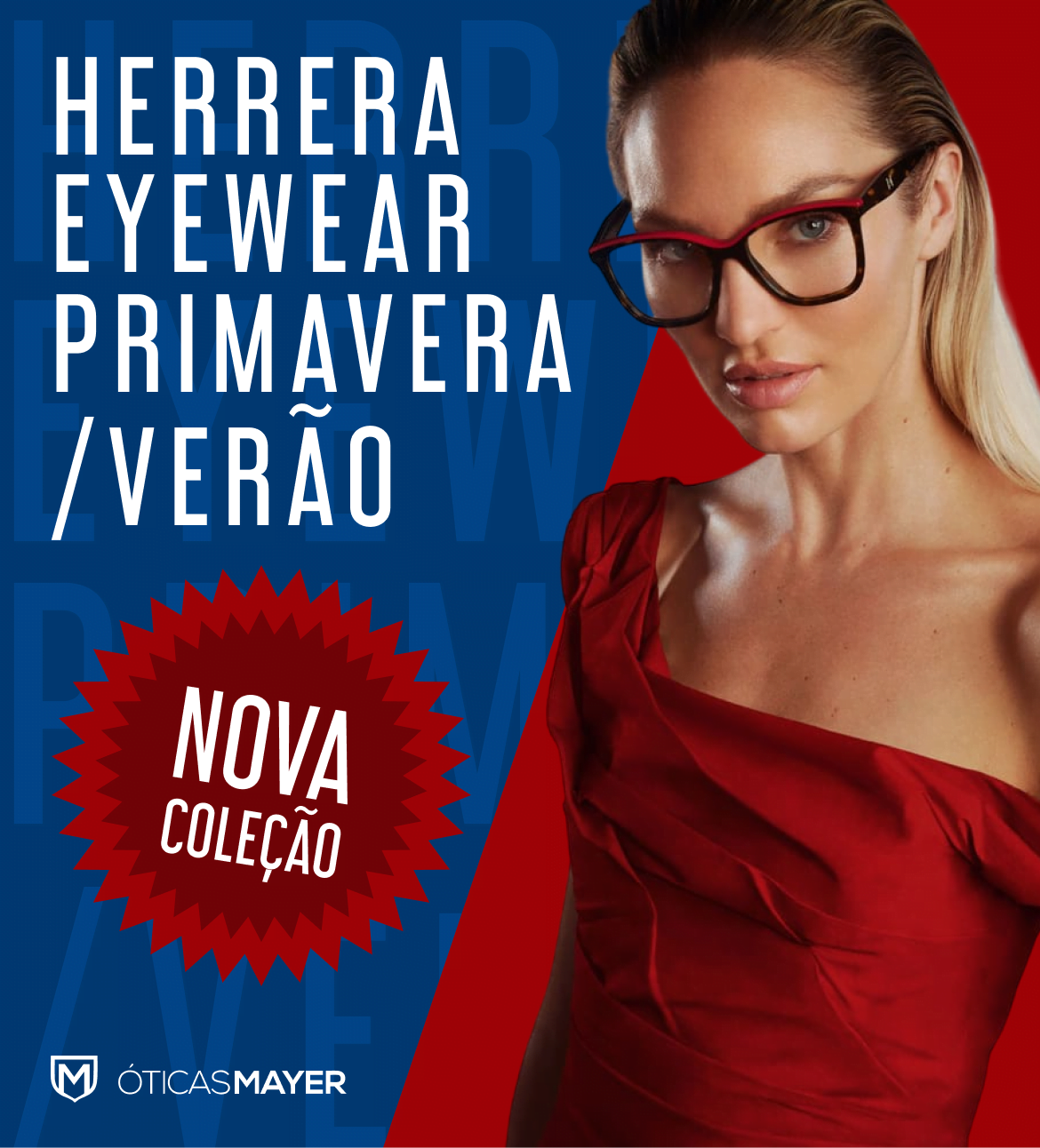 Mulher usando óculos de grau carolina herrera em fundo azul e vermelho