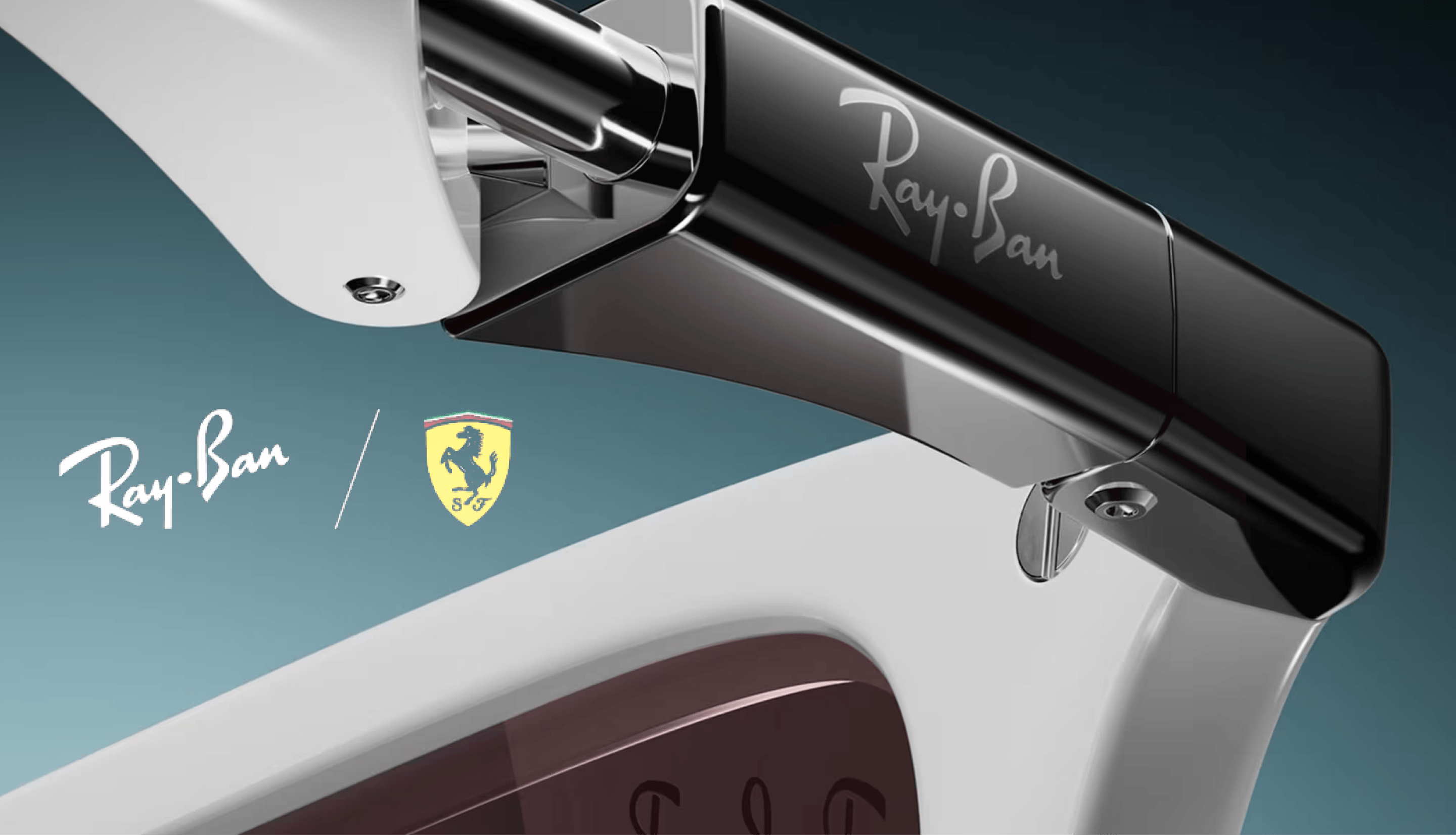 Detalhe de óculos Ray-Ban em colaboração com Ferrari